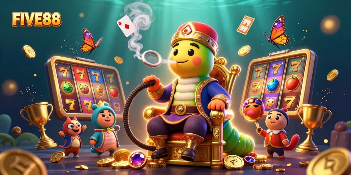 FIVE88 celebrates exciting slot games featuring a dynamic caterpillar in a vibrant casino scene.