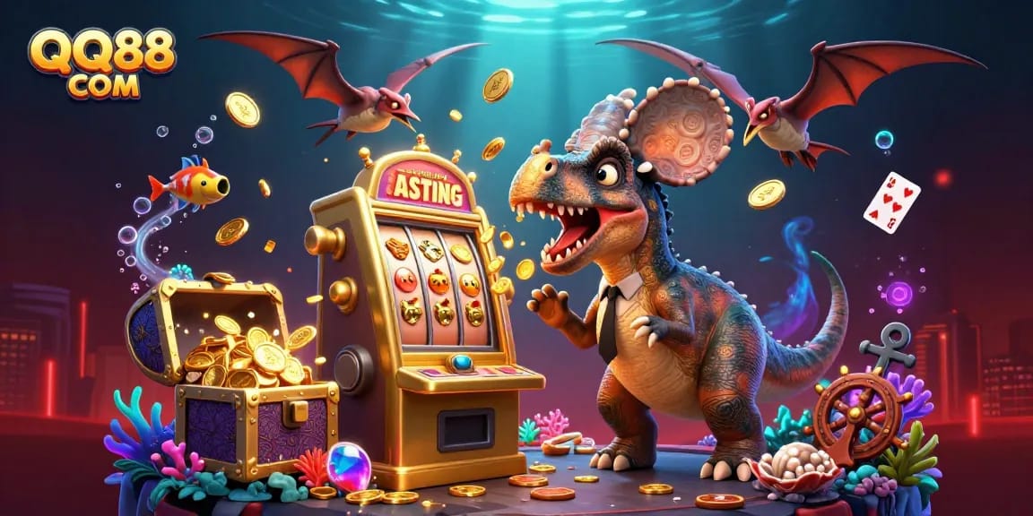 Catching a jackpot with QQ88 COM, a pachycephalosaurus celebrates winning coins while a casino manager waves.