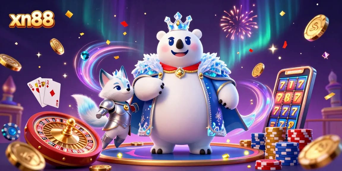 Win big at xn88 casino with vibrant 3D illustration of polar bear and snow fox in a dazzling setting.