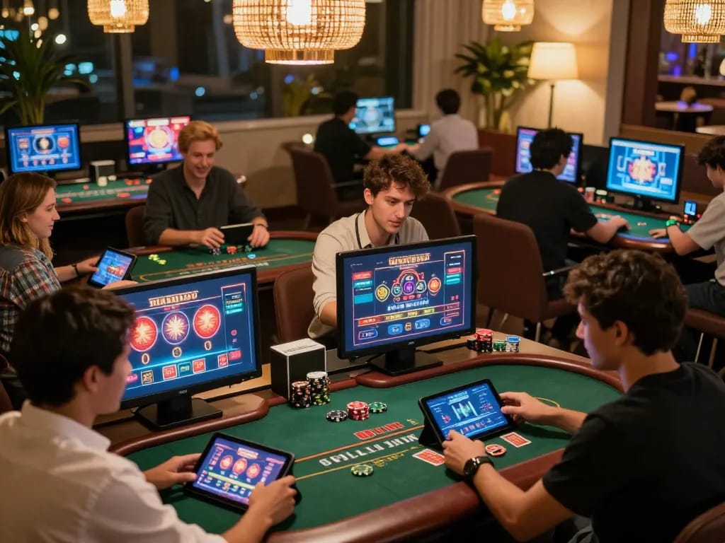 Players enjoying sc88hd online casino games on various devices in a cozy gaming environment