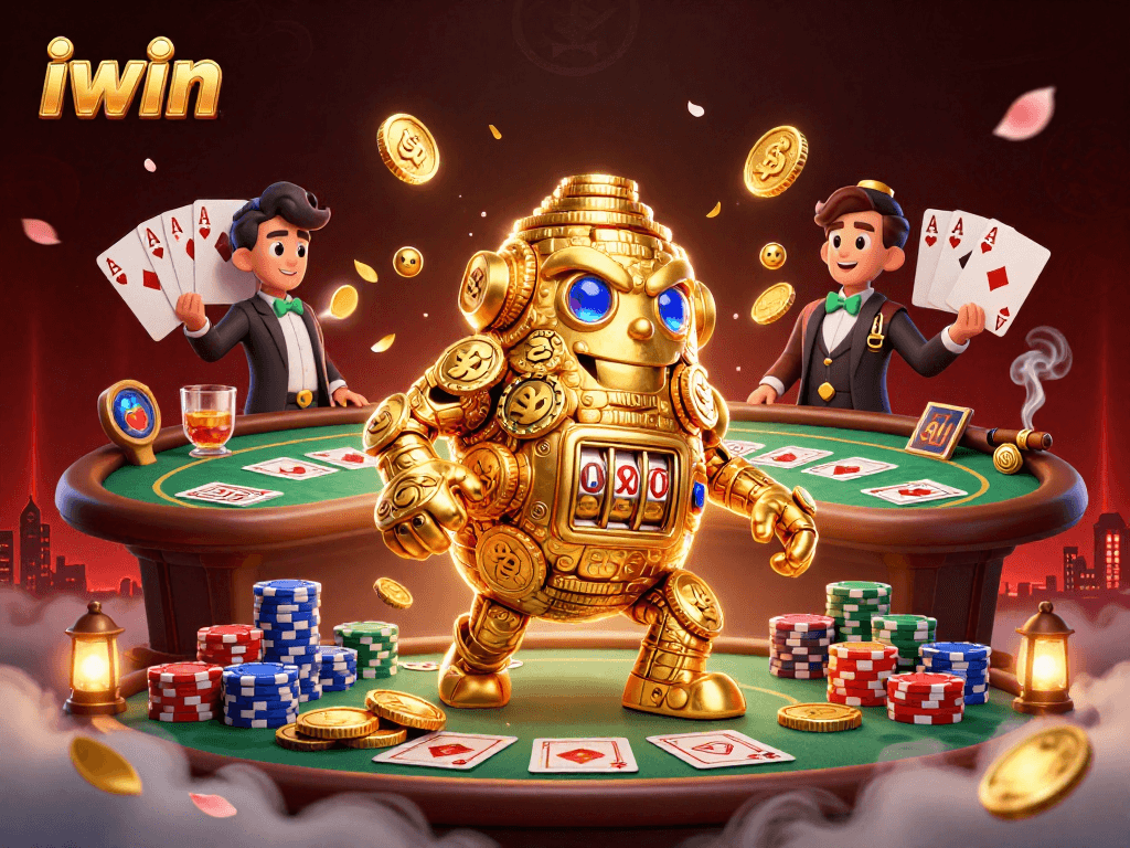 Engage with iwin casino features through an intriguing scene with a golden golem and poker elements.
