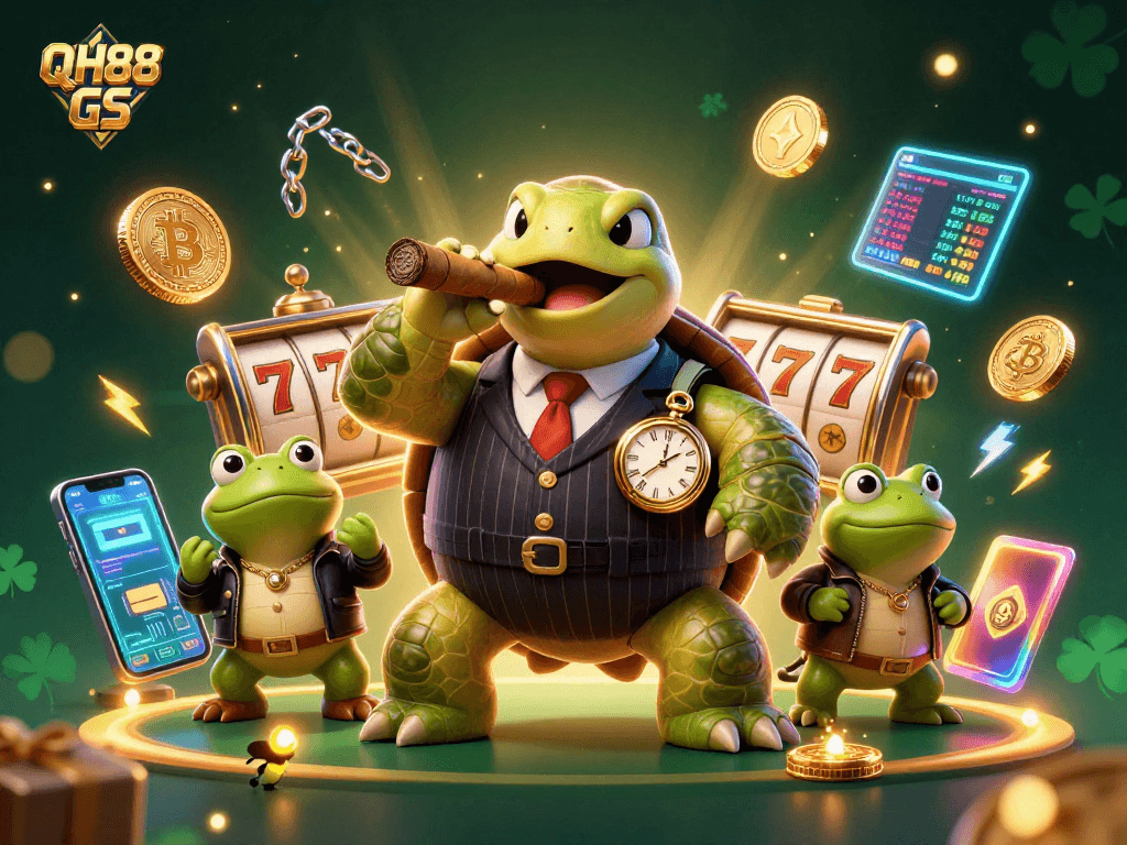 Join the action at QH88 GS with a snapping turtle mobster and crypto elements glimmering.