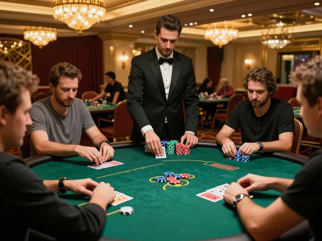 Players engaging in serious poker strategy at 58win com in a luxurious casino setting