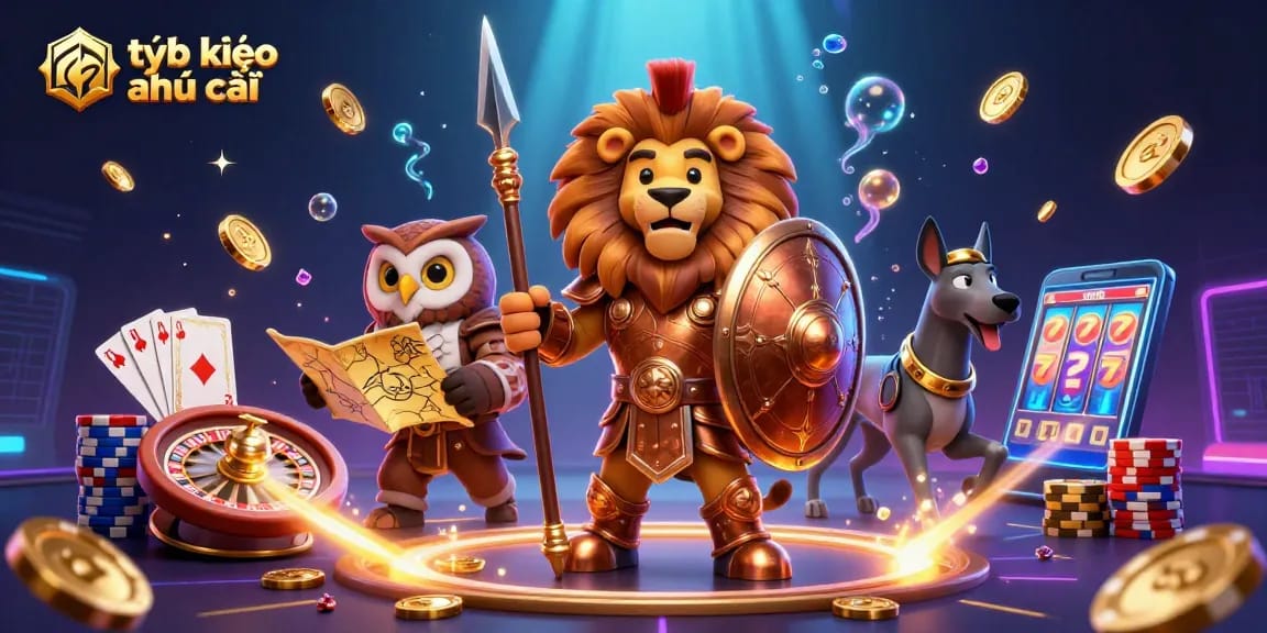 Engage in thrilling betting with tỷ lệ kèo nhà cái featuring dynamic characters, coins, and casino elements.