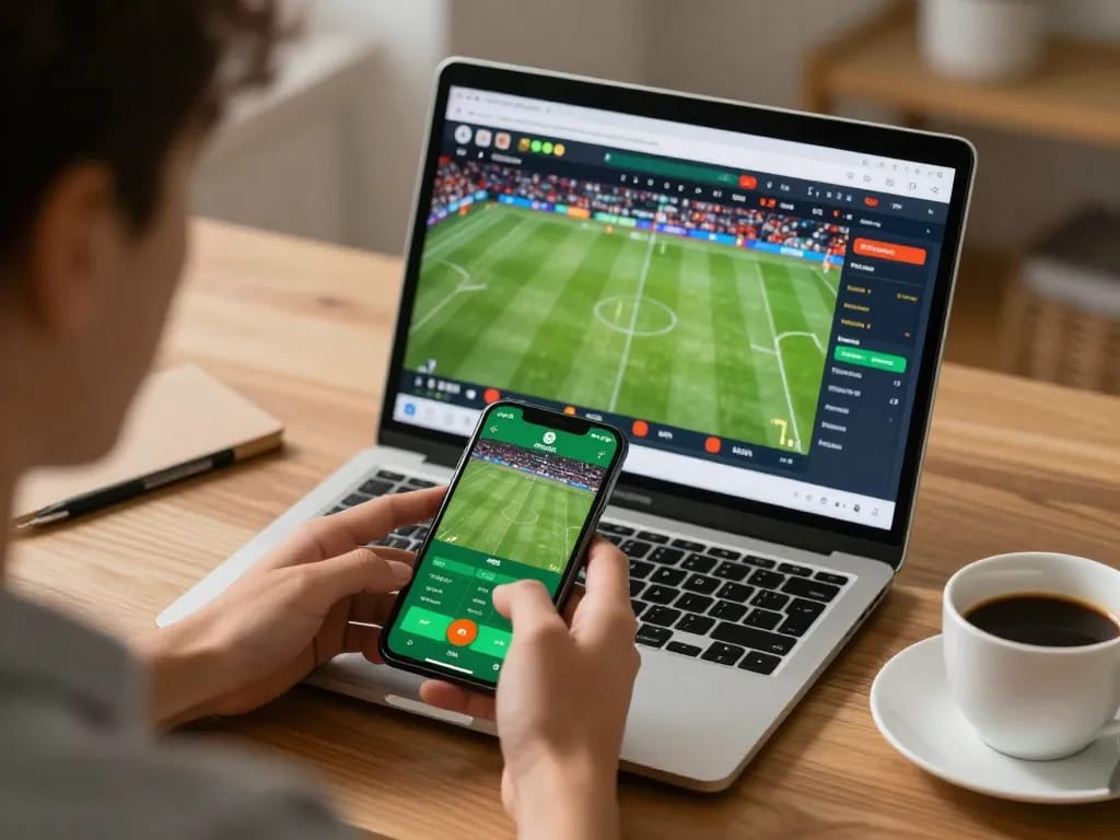 Placing bets via smartphone on trang chủ 555win platform while watching live sports match.