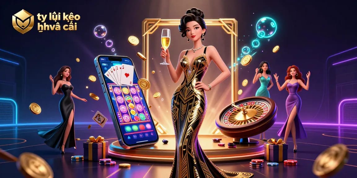 Experience the thrill with tỷ lệ kèo nhà cái, featuring elegant Asian woman amid dynamic gambling elements in a vibrant casino setting.
