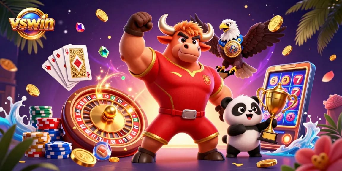 Experience thrilling gameplay with vswin, featuring a cartoon bull mascot, eagle, and panda amidst casino elements.