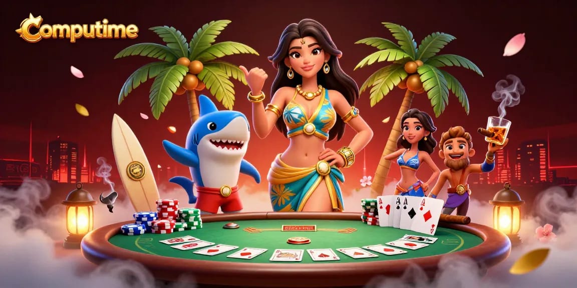 Engage with computime's vibrant casino illustration showcasing exciting poker action and tropical themes.