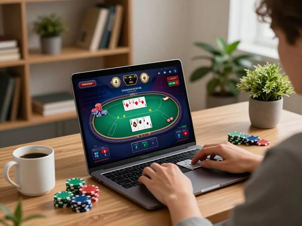 XX88 player enjoying online poker game with chips and coffee in cozy study.