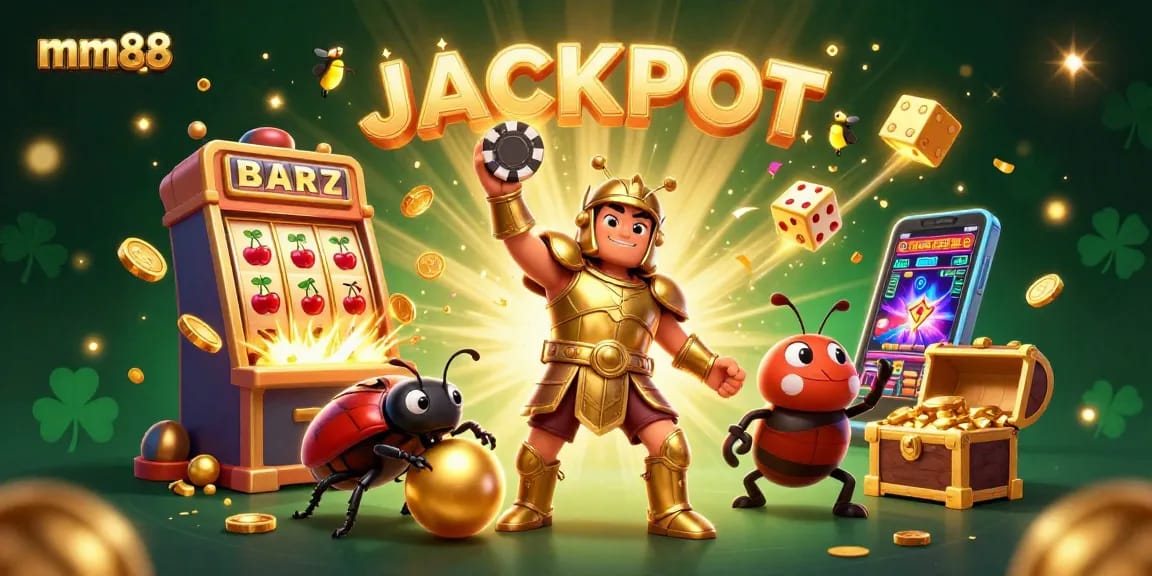 Experience thrilling luck at mm88 with jackpot excitement in a vibrant casino illustration.