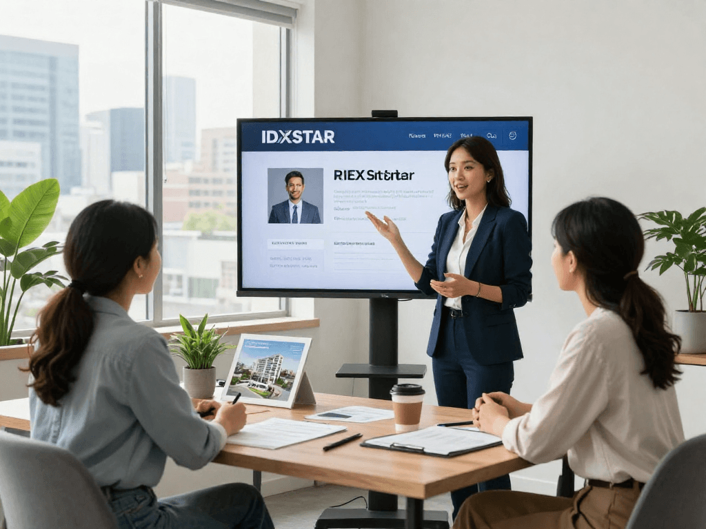 Real estate agent showcasing IDXSTAR software to clients in a modern office setting.