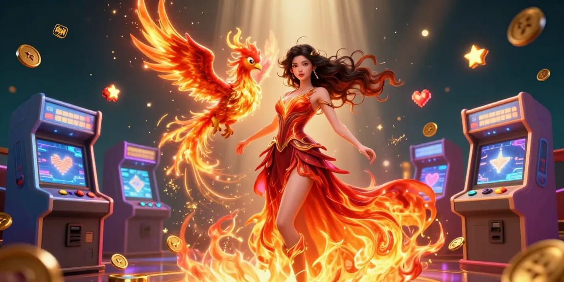 Play games and win big with the vibrant 88M casino-themed 3D illustration of an Asian woman surrounded by colorful gaming elements.
