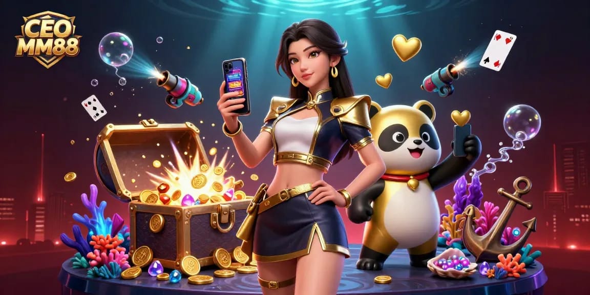 Join the excitement with CEO MM88, showcasing a dynamic casino game scene filled with golden treasures.