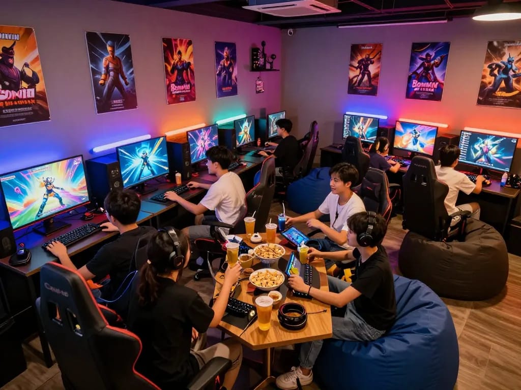 Group of friends enjoying Bomwin game in vibrant gaming lounge