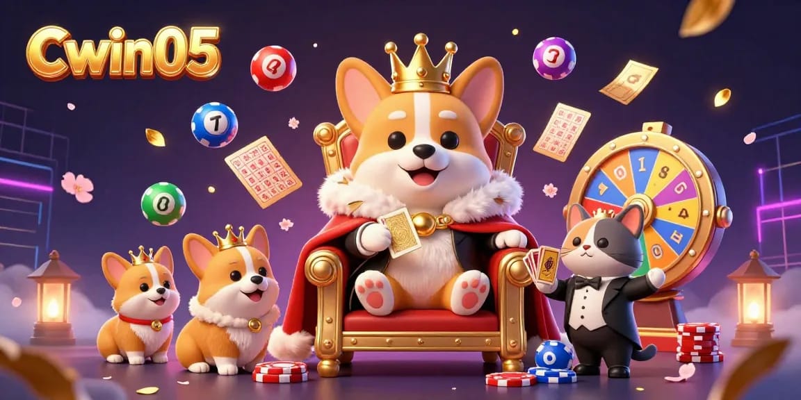 Cwin05 showcases a vibrant 3D illustration of a royal corgi on a throne of poker chips, amidst dynamic lottery balls and gaming elements.