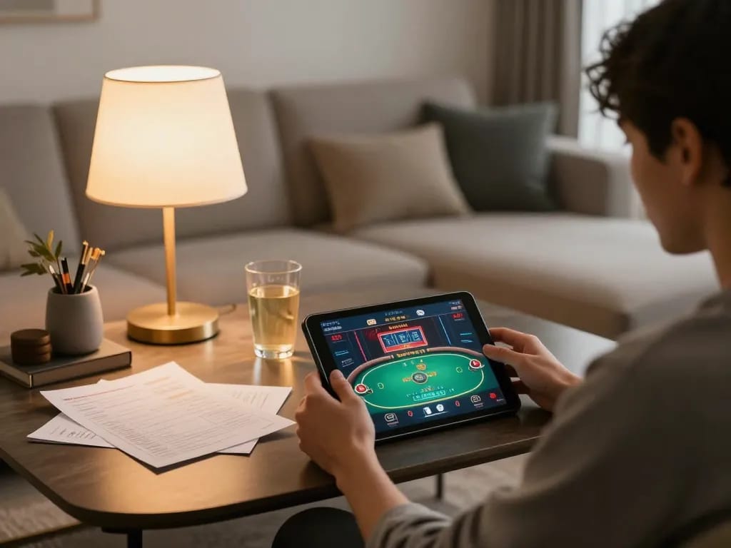 Hitclub player engaging with online poker game on a tablet, showcasing modern home gaming style