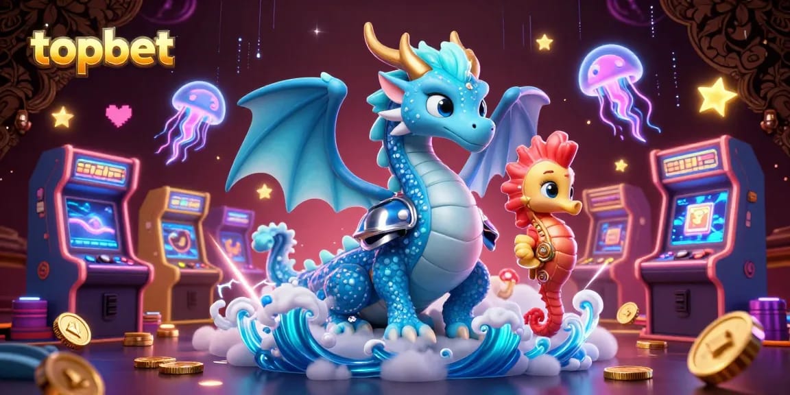 Engage in topbet gaming with a dynamic scene featuring an ocean dragon, a seahorse knight, and neon jellyfish.