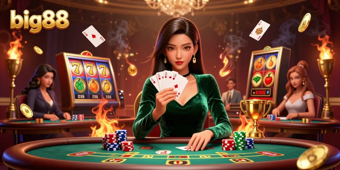 Experience big88 excitement with a stunning Asian woman at a luxury poker table, showcasing strategic gameplay.