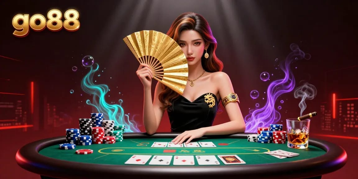 Engage with go88's elite gaming experience featuring a stunning Asian woman amidst poker chips and vibrant elements.
