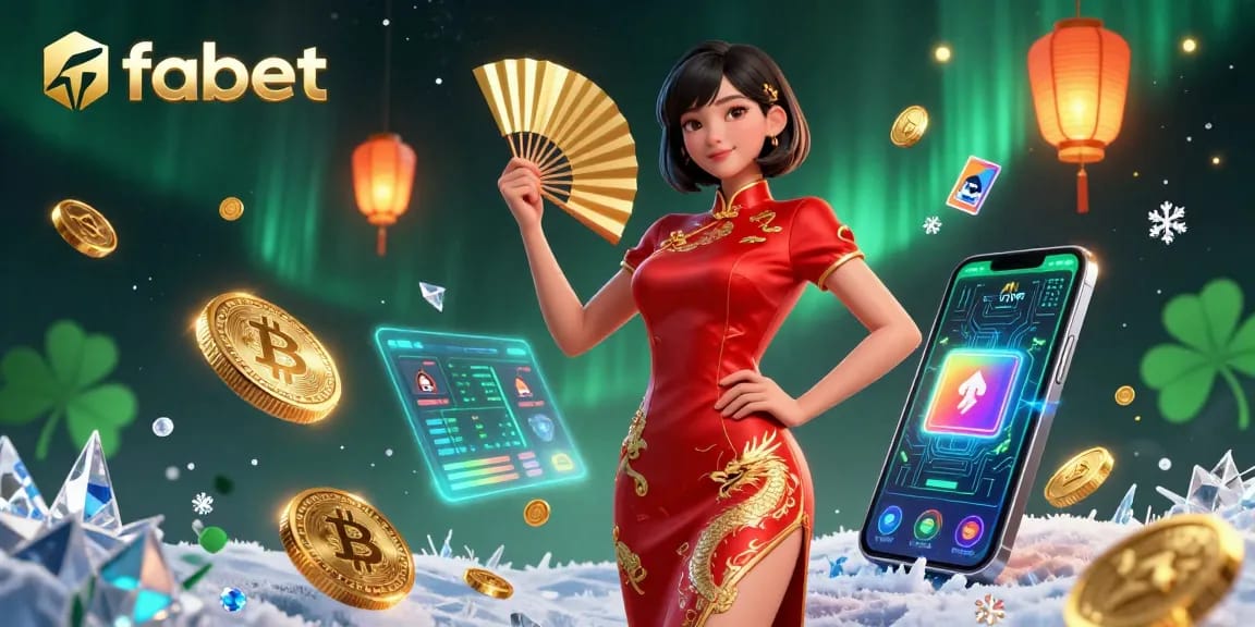 Engage with fabet through an immersive, vibrant 3D casino illustration featuring cryptocurrency elements.