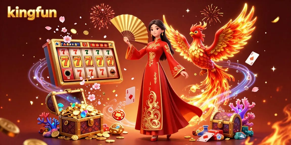 Experience kingfun at its finest with a vibrant 3D scene filled with slot reels, celebration, and casino magic.