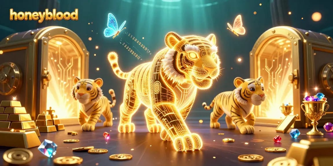 Join the excitement at honeyblood as a golden neon tiger roams a captivating digital casino landscape.