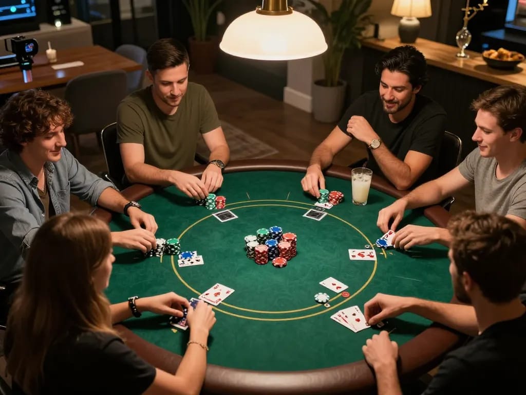 Người chơi B52club tận hưởng một đêm poker thân thiện, tham gia vào những trò chơi sôi động với những viên chip xếp chồng trên bàn tròn.