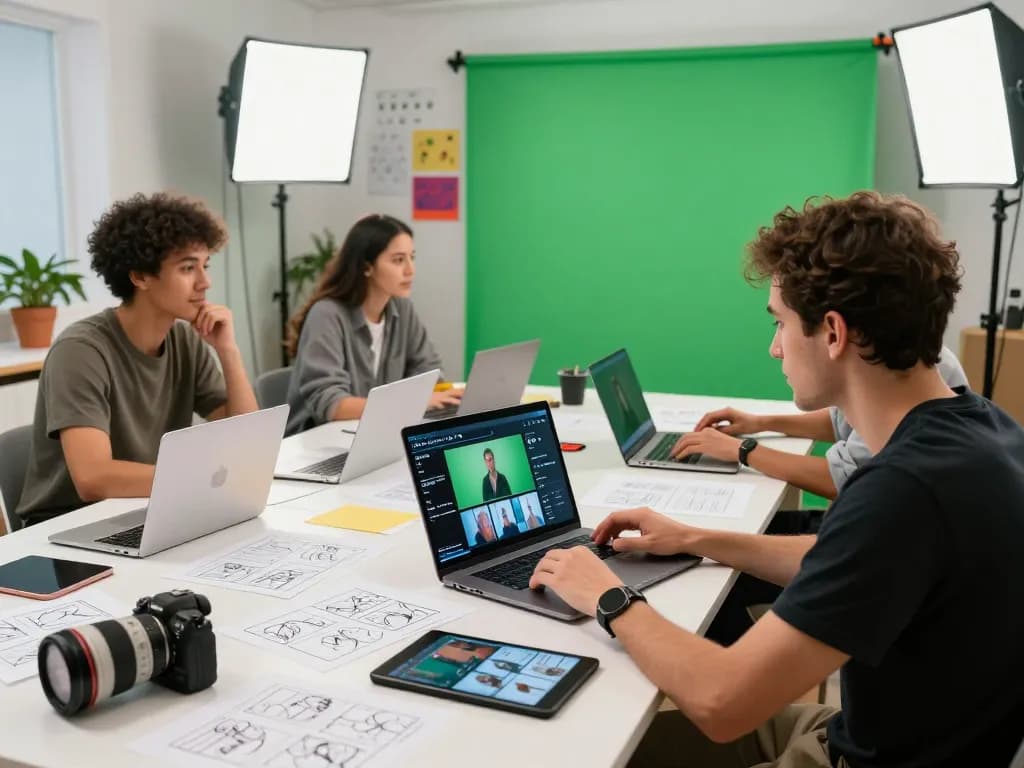 Team collaborating using Seedance 2.0 AI to create video content in a vibrant studio.