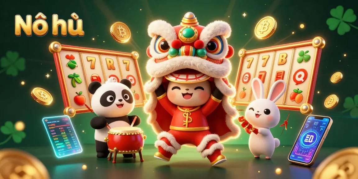 Spin the Nổ hũ jackpot with vibrant characters and golden slot symbols in a lively scene.