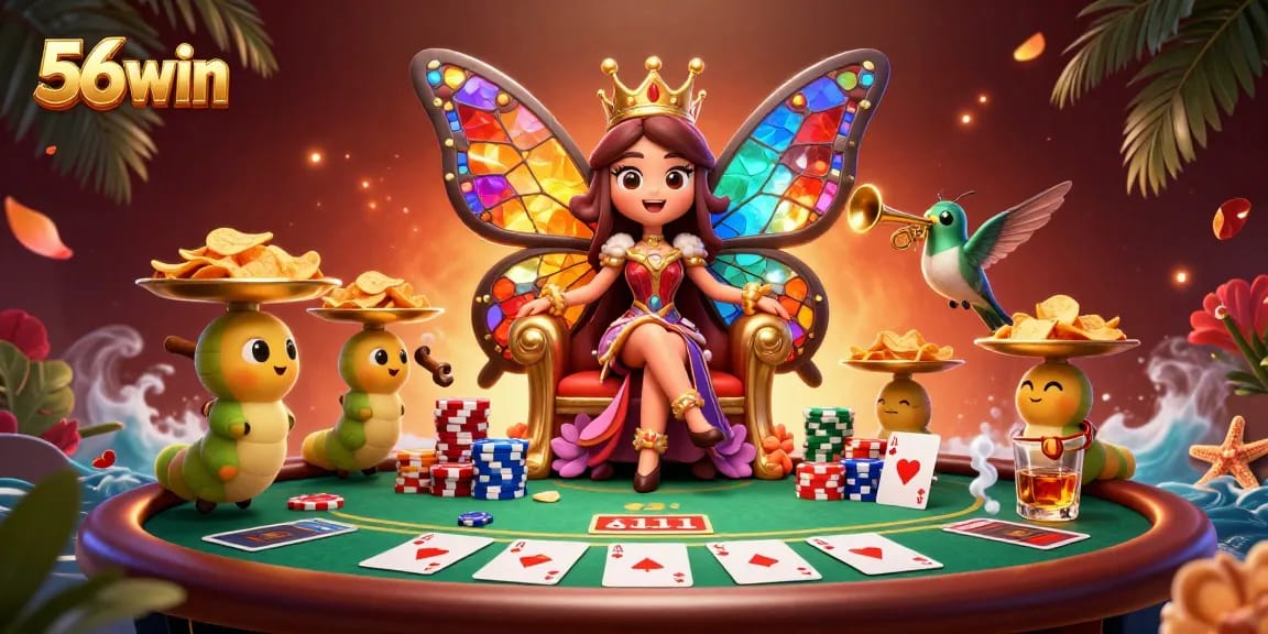 Engage in thrilling poker action at 56win, featuring a vibrant butterfly queen and colorful chips.