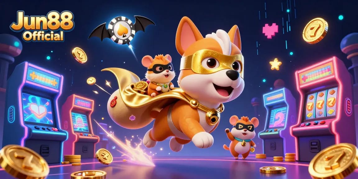 Engage with Jun88 Official through an exciting casino experience illustrated with dynamic characters and gaming elements.