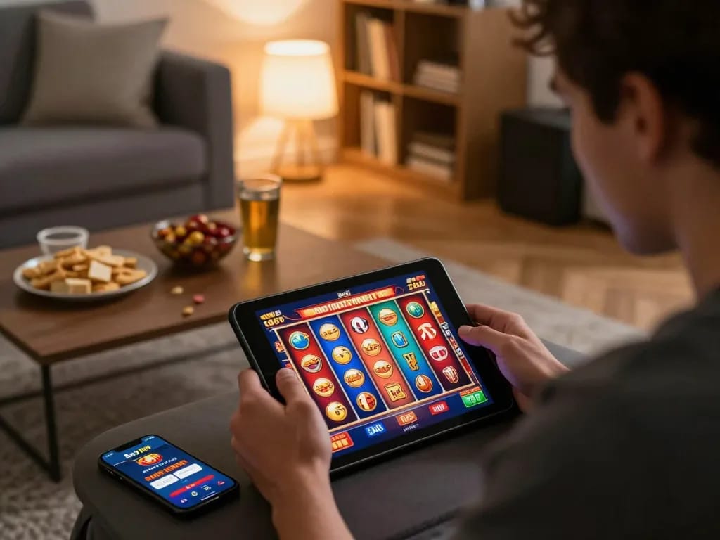 Engaged player enjoying a slot game on Bay789 app in a cozy home setting