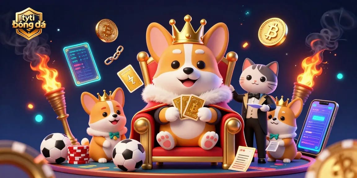 Experience real-time tỷ lệ bóng đá updates with a dynamic sports betting scene featuring a royal corgi and vibrant gambling elements.