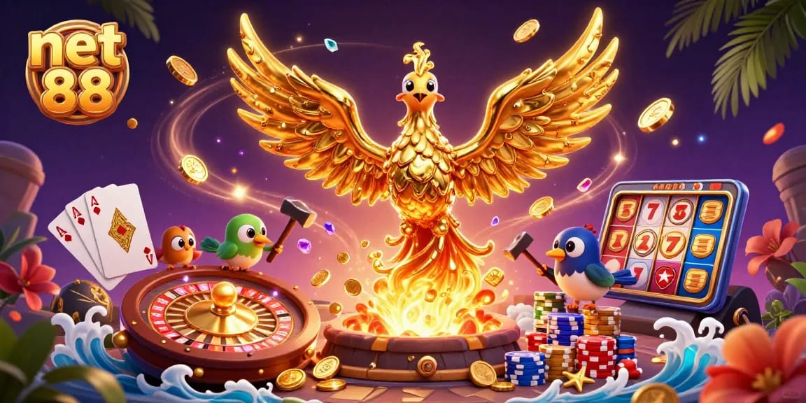 Experience net 88's thrilling adventure with a golden phoenix and casino elements, showcasing rich gameplay.
