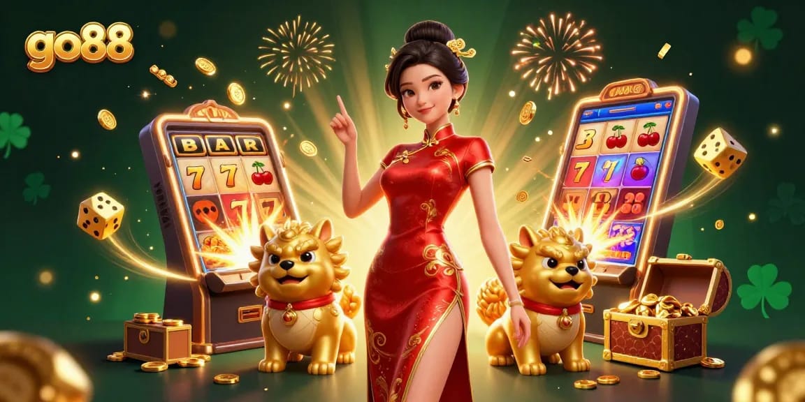 Experience excitement at go88 with spinning slot machines and joyful characters in a dazzling casino setting.