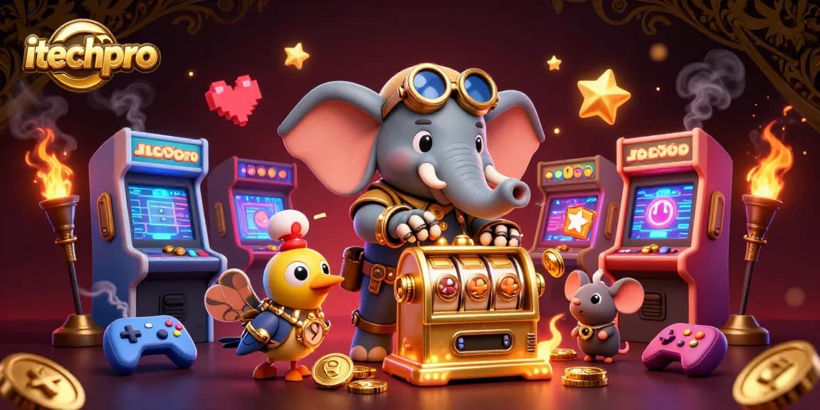 Spin the golden slot machine with itechpro's steampunk elephant engineer and vibrant gaming elements!