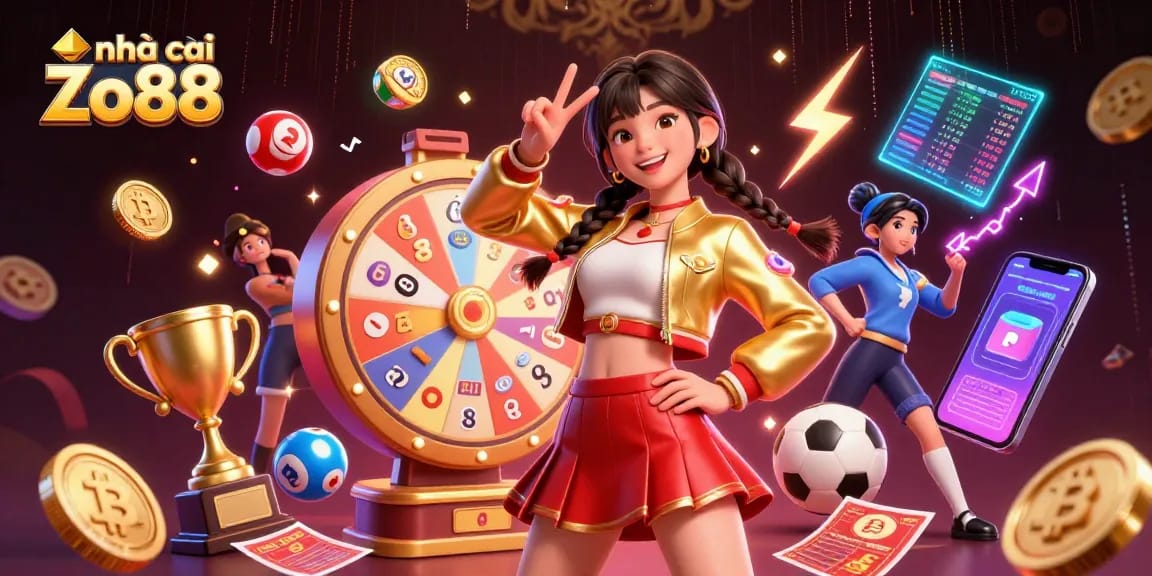 Engaging scene showcasing nhà cái Zo88 with vibrant sports betting elements and a lively, cheerful character.