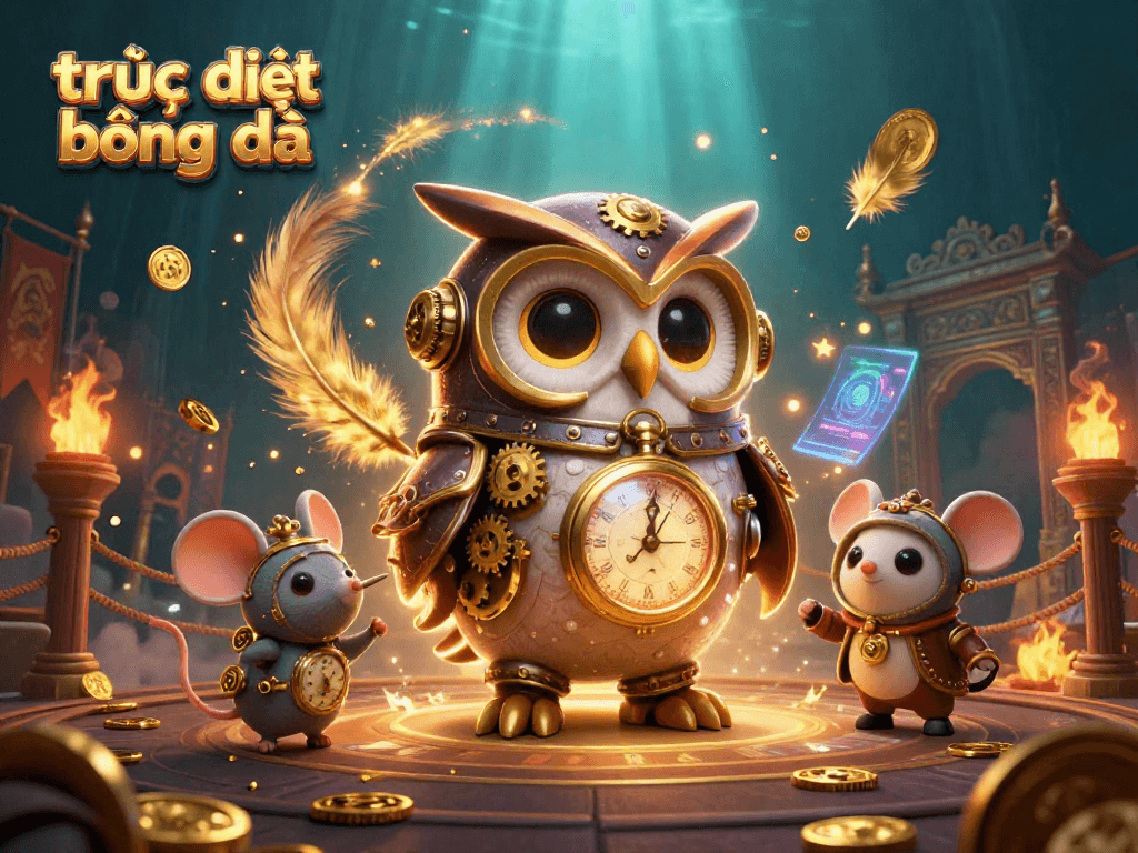 Experience trực tiếp bóng đá excitement with a dynamic scene featuring a time-traveling owl in a steampunk casino.