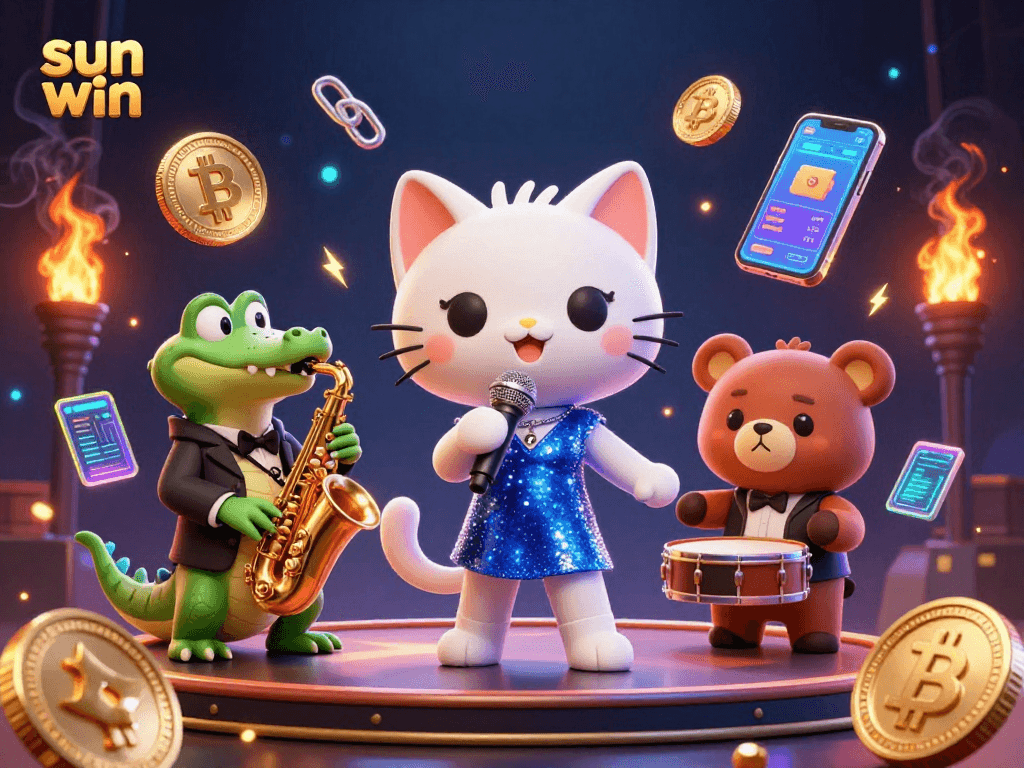 Experience the excitement of sun win with a vibrant illustration featuring a jazz-singer cat, croc, and bear in a casino scene.