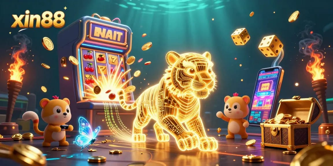 XIN88 offers exhilarating casino experiences with a neon tiger in a vibrant digital casino scene.