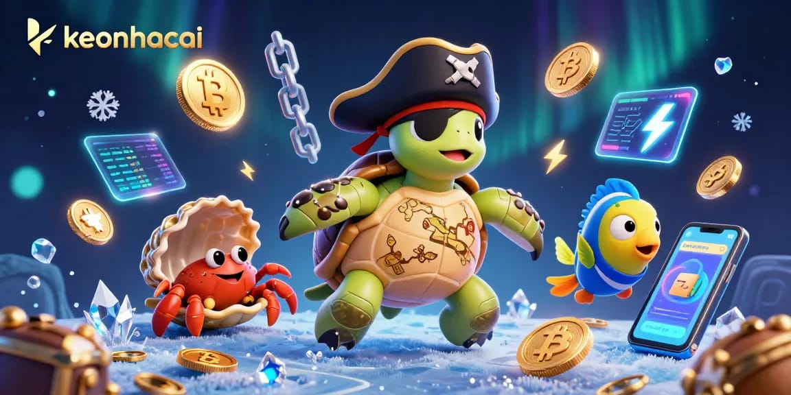 Engage with keonhacai's vibrant casino scene featuring a pirate turtle, a golden hermit crab, and a colorful parrotfish.