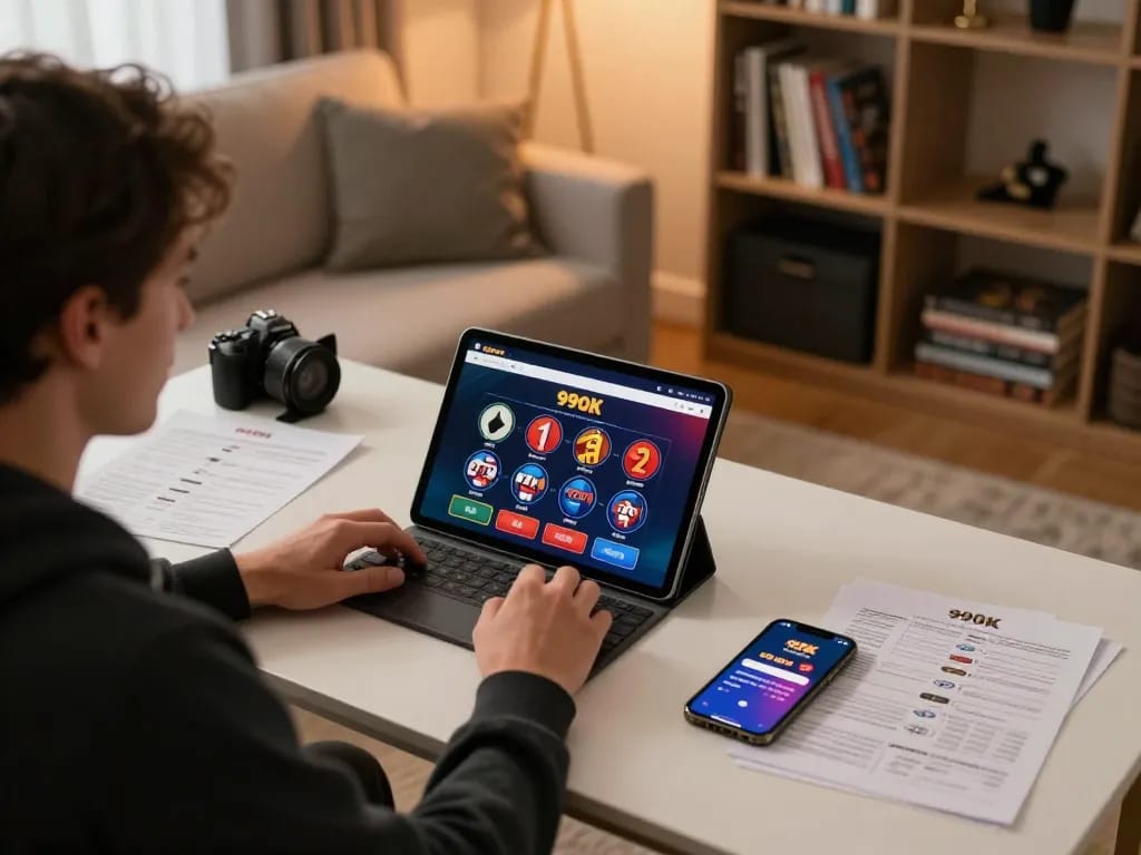 Person playing at 99OK online casino on tablet, surrounded by strategy notes in cozy home.