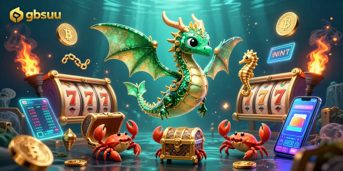 Engage in thrilling gameplay at gbsuu with vibrant casino illustrations showcasing slot games and cryptocurrency elements.