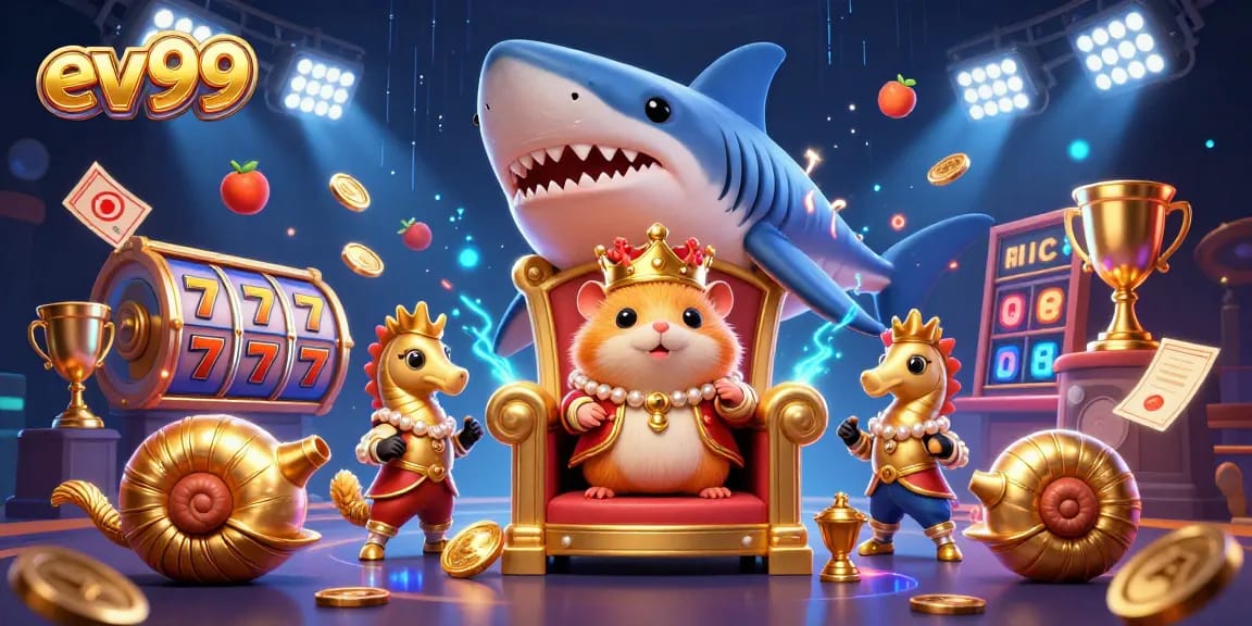ev99 slots-themed illustration with a hamster king on a megalodon throne surrounded by vibrant casino elements.