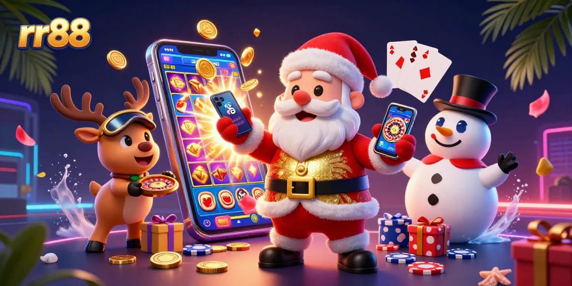 Experience thrilling jackpot slots at rr88 with Santa, reindeer, and a poker chip snowman in a vibrant casino