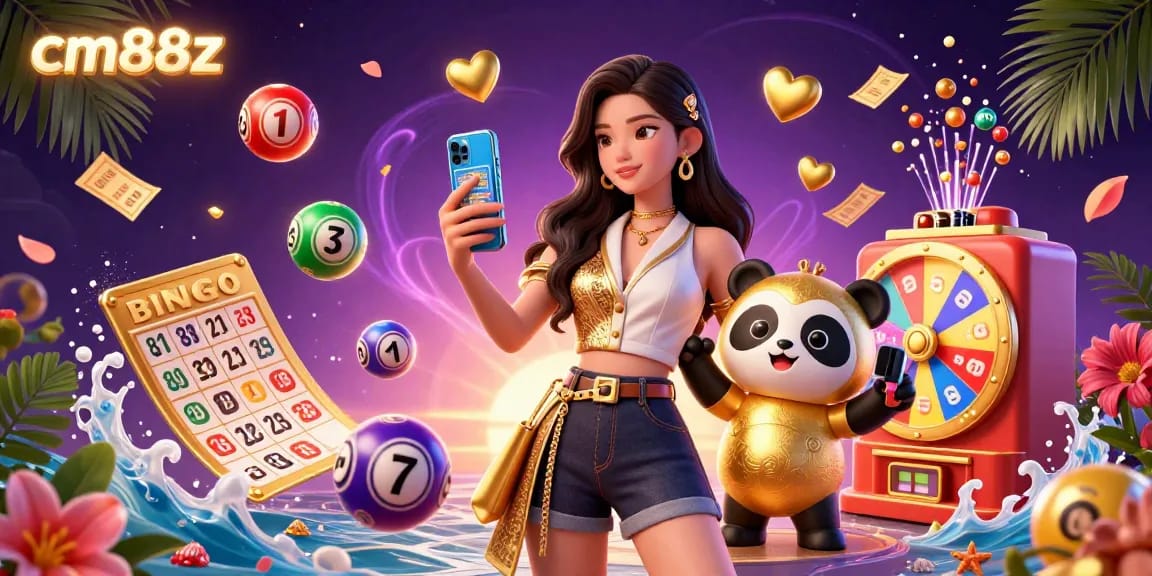 Experience thrilling gameplay with cm88z in a vibrant casino scene, featuring lottery balls and festive elements.