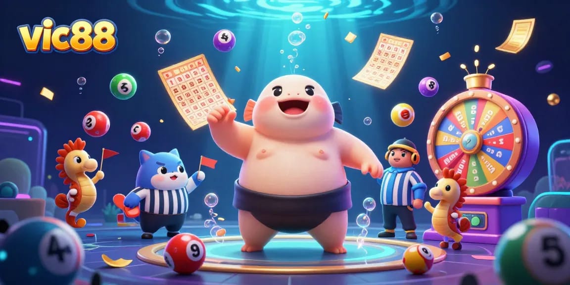 Experience vic88's thrilling underwater casino adventure with colorful lottery elements and lively characters.