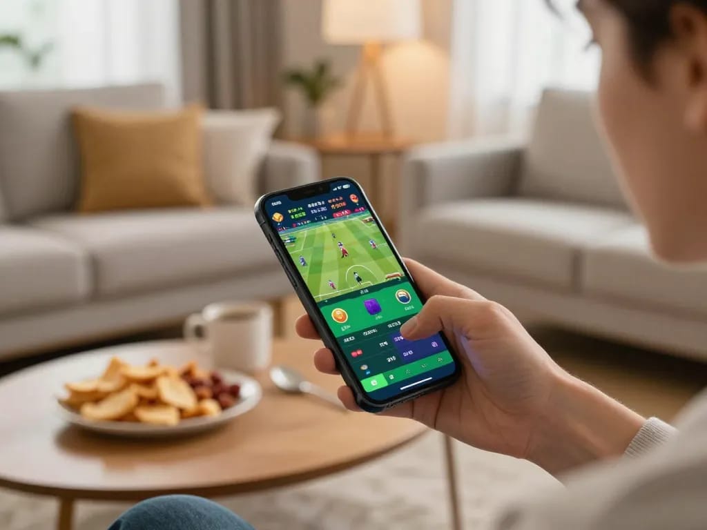 Engage in thrilling online sports betting with bong99 on a smartphone in a cozy setting.