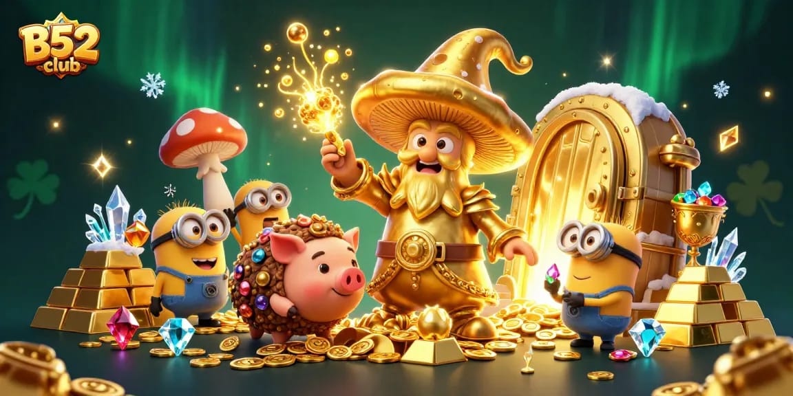 B52club's magical scene showcasing treasure vaults and vibrant gaming elements surrounded by cartoon characters.