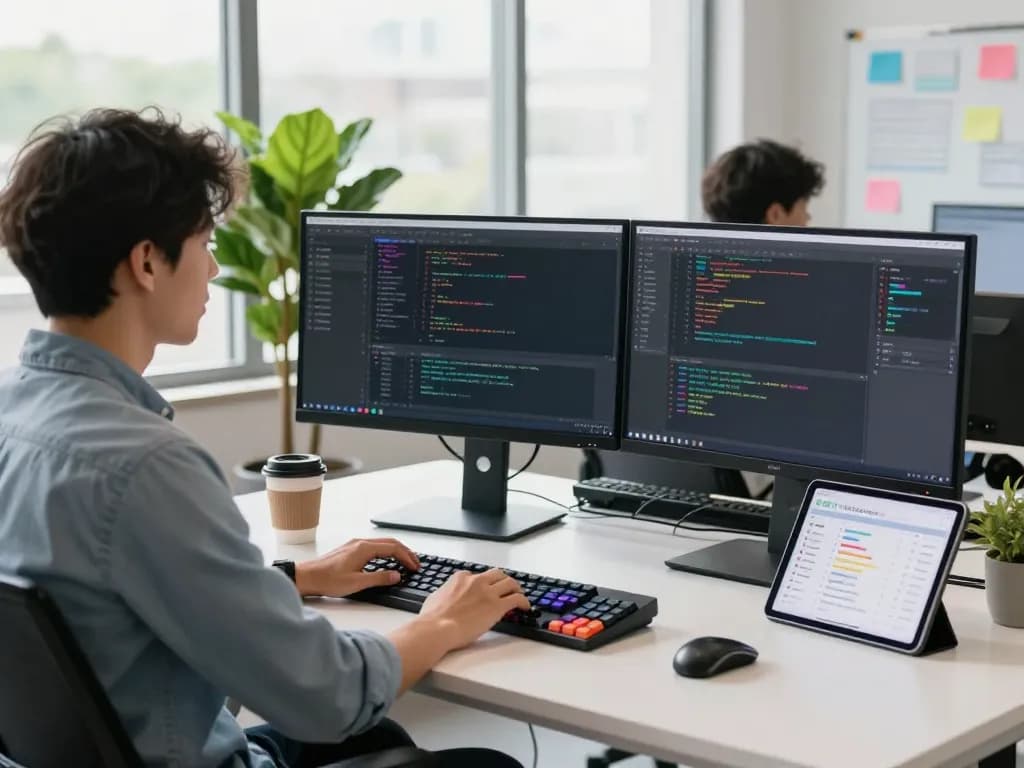Innovative software development space showcasing Open Claw automation setup with dual monitors and collaborative tools.